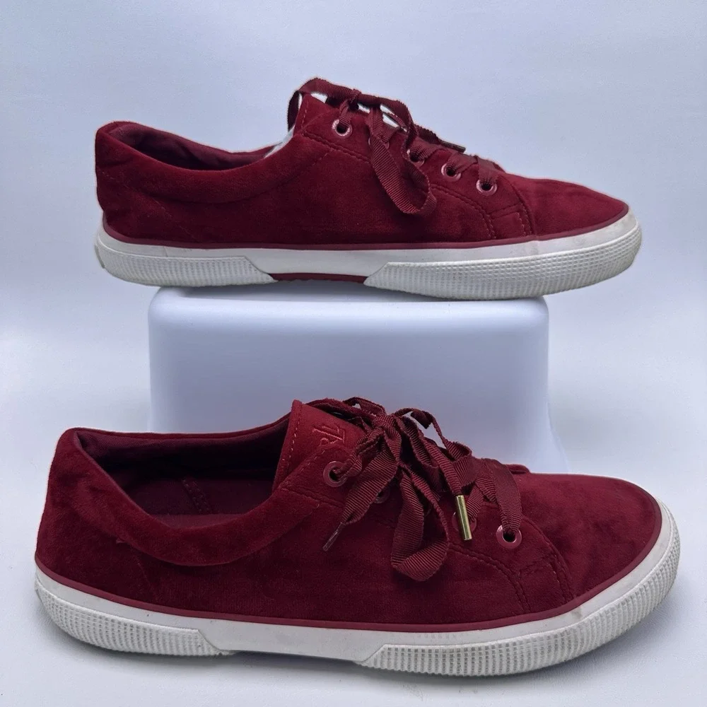 LRL Ralph Lauren JOLIE‎ Red Velvet Sneakers low Top Lace Up Women's Sz 8.5 B
